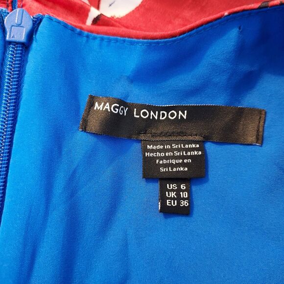 Maggy London Dress Sheath Size 6 Floral Sleeveless Blue Chilli V Neck Party NWT - Picture 11 of 16